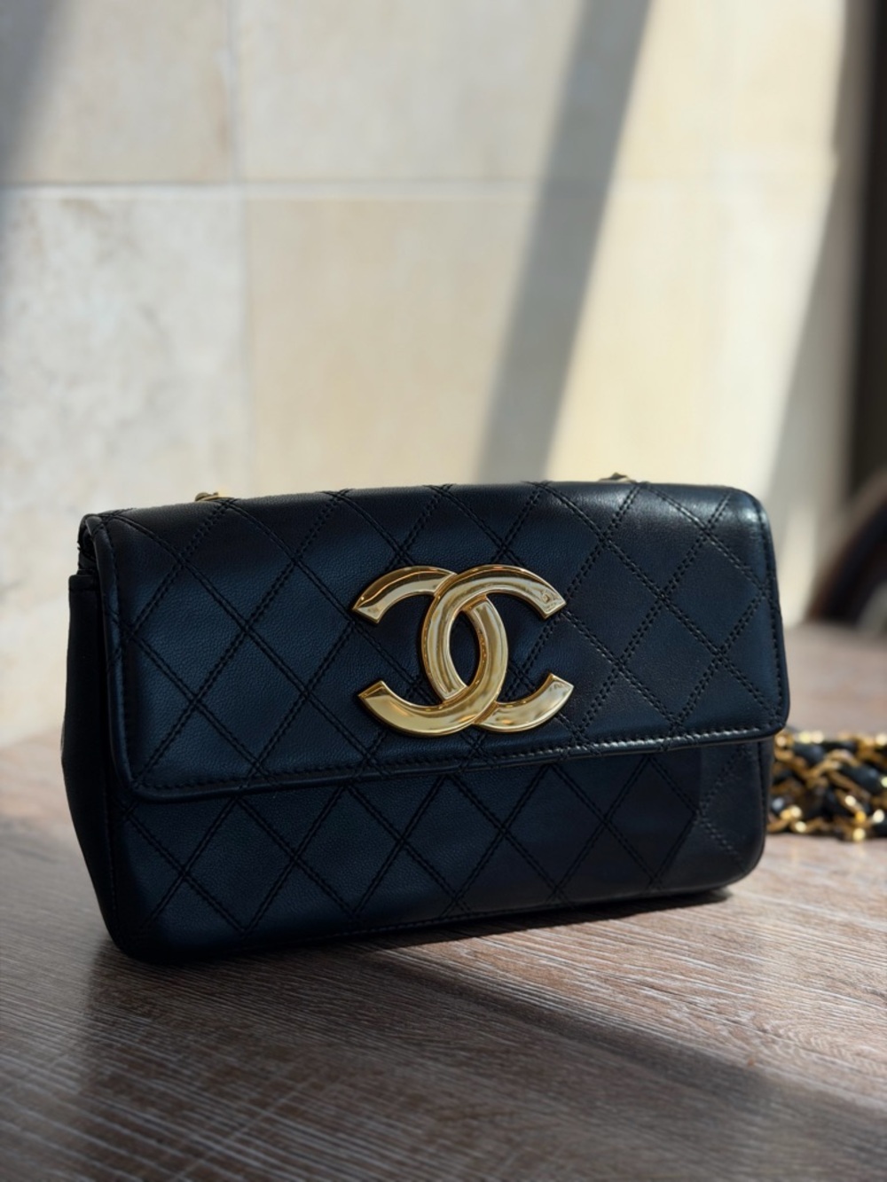 CHANEL Vintage Black Quilted Shoulder Bag with Gold CC